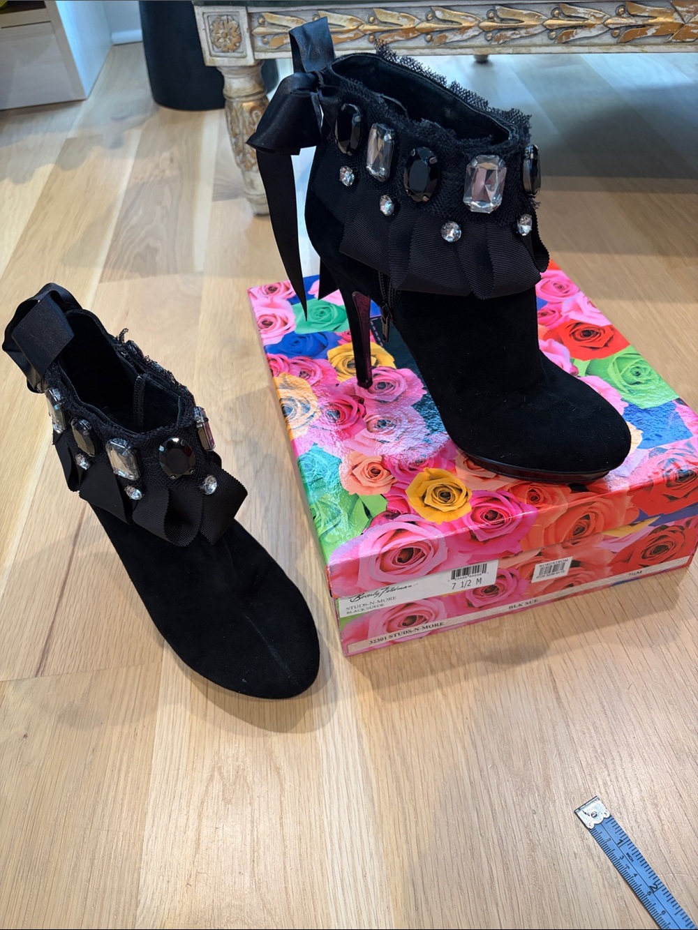 Beverly Feldman Black Jeweled Suede Ruffle Ankle Boots